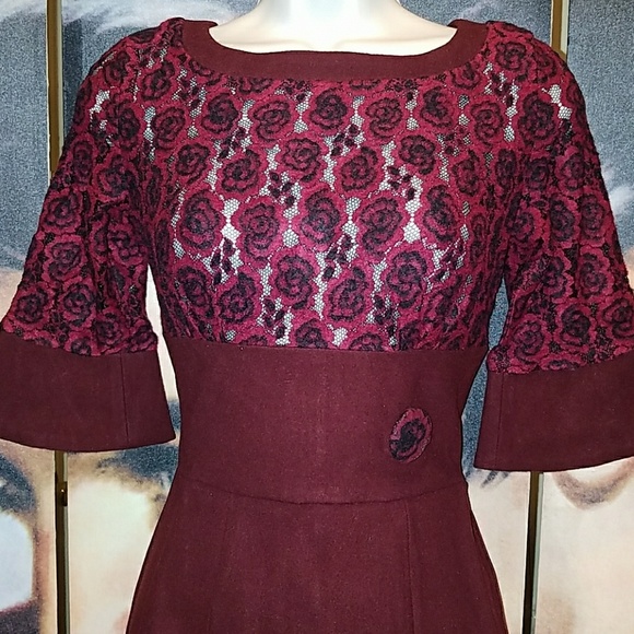 Tatyana Vintage Merlot Rose Lace Curve Hugging Pinup Bombshell Pencil Dress - Picture 4 of 8